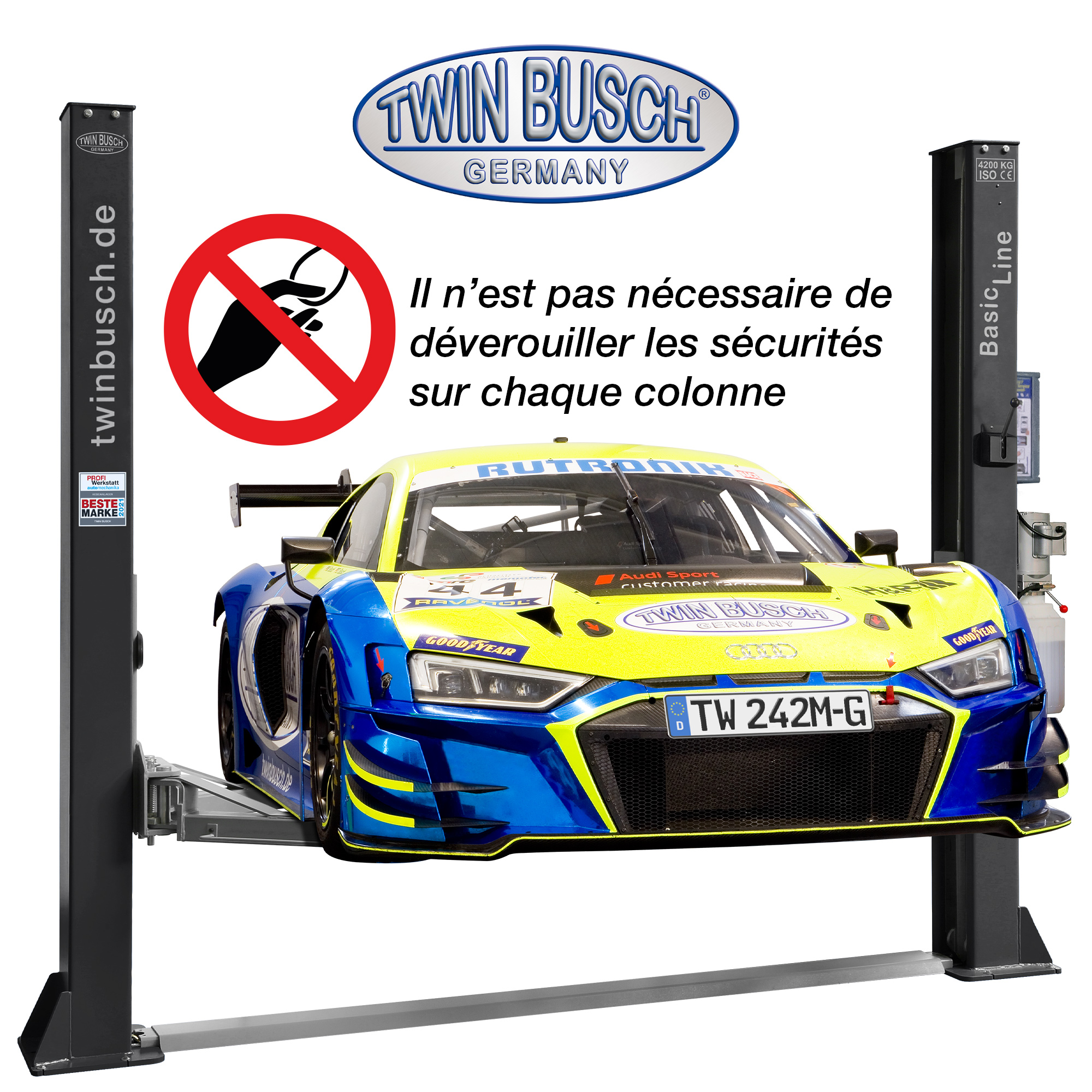 TW242M-230-G: Pont 2 colonnes BASIC LINE 4.2 T - GREY-Line - Semi automatique