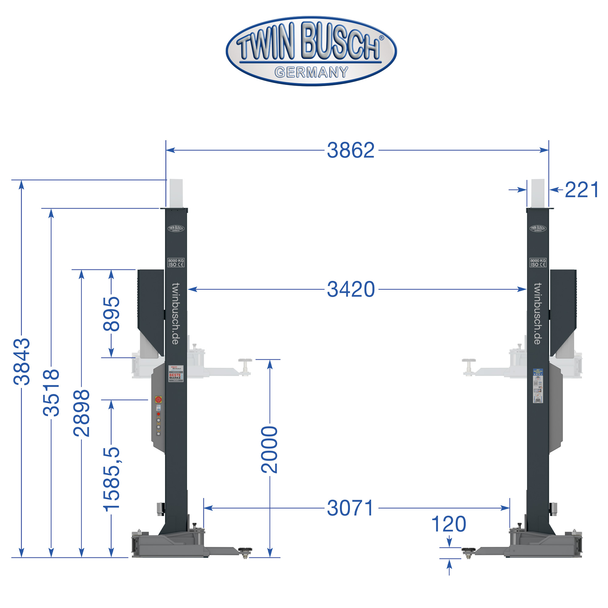 TW280W-400-G: Pont 2 colonnes Heavy-Line | sans embase 8.0 T - GREY-Line – Image 17