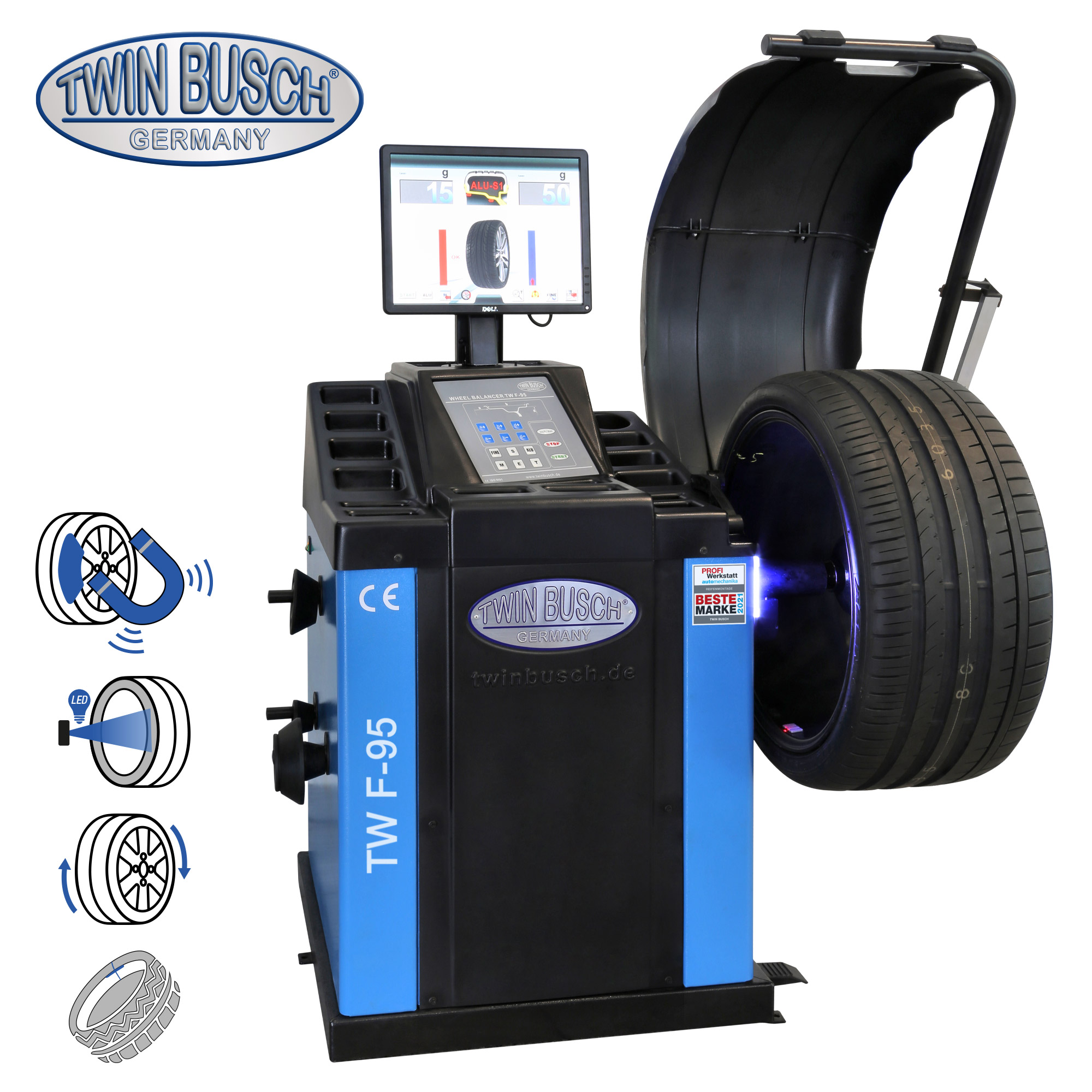 Équilibreuse de roues Twin Busch TWF-95 – Professionnelle automatique – Écran LCD