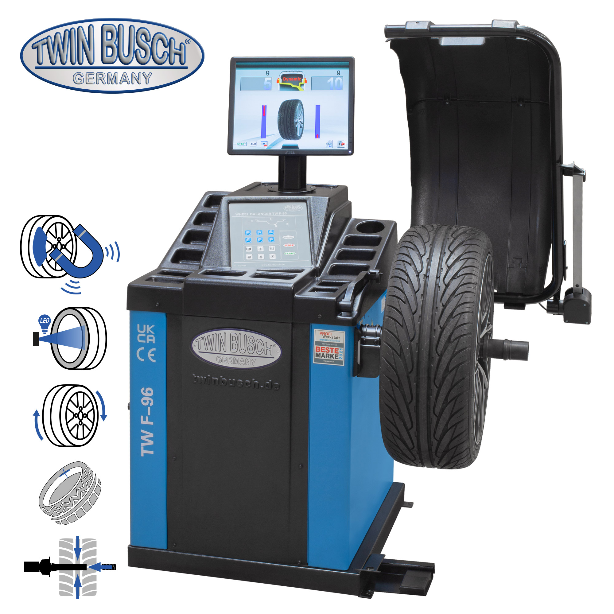 Équilibreuse de roues Twin Busch TWF-96 – Professionnelle automatique – Écran couleur – Serrage pneumatique
